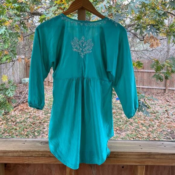 Calypso St Barth Women's Seafoam Green Beaded 100% Silk Blouse Size 0 - Picture 2 of 7